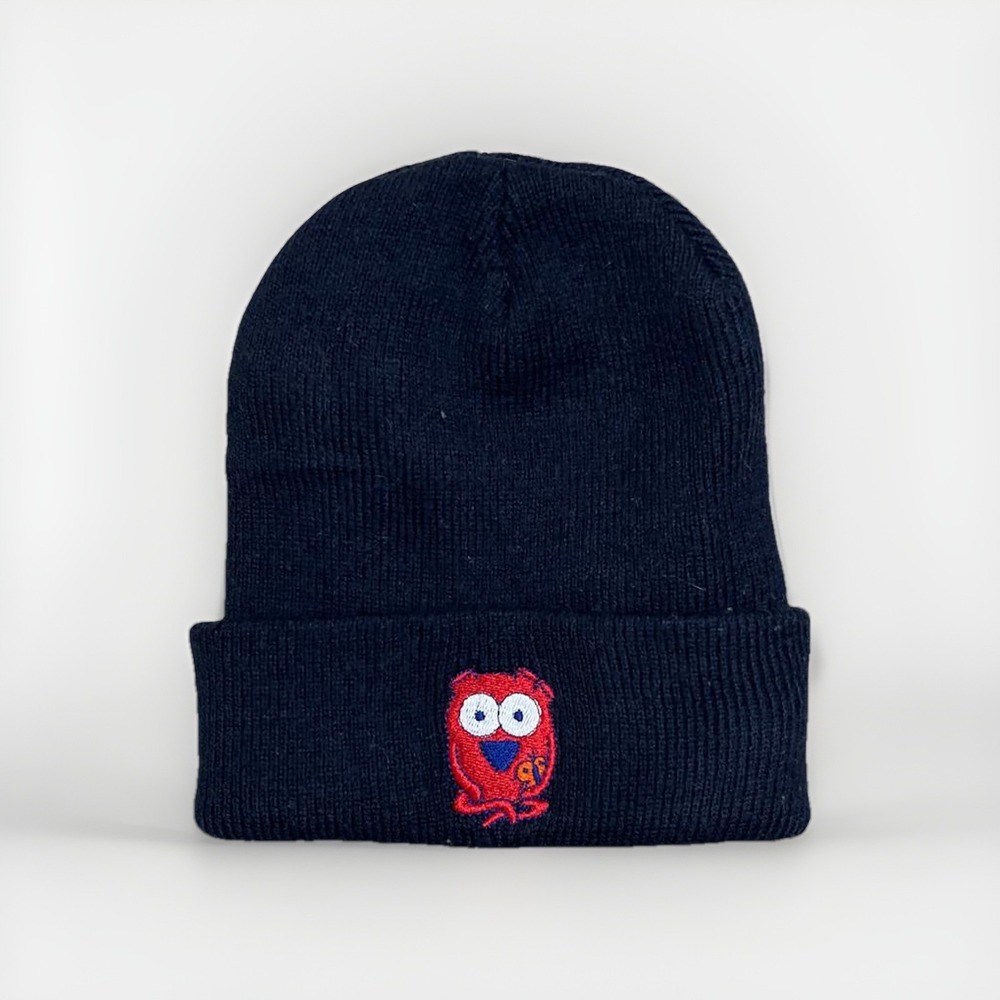 American Apparel Tuque Beanie Black Knit Hat Red Owl Embroidery One Size